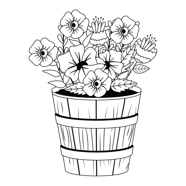 Flowers and leaves inside barrel pot vector design — Vector de stock