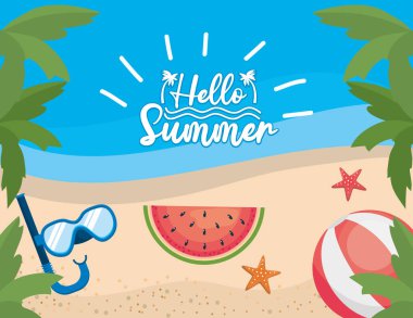 Karpuzlu palmiye ağaçları ve kumsalda balolu şnorkel maskeleri.