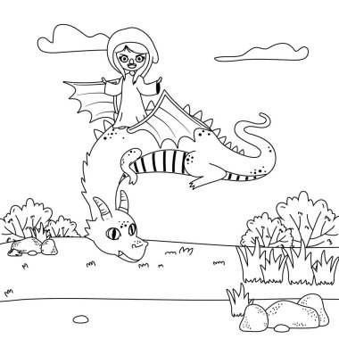 Ortaçağ cadı ve masal tasarım vektör illüstrasyon ejderha