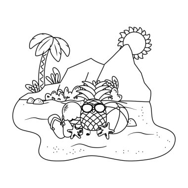 Yaz ve plaj sevimli karikatürler siyah beyaz