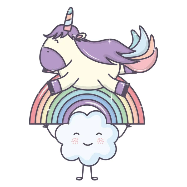 Cute adorable unicorn with clouds and rainbow — Stock Vector