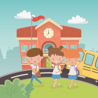school building and bus with kids in the landscape scene