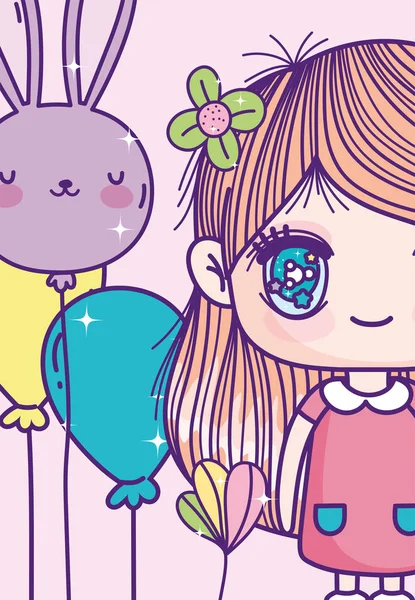 Anime schattig meisje met bloem in haar ballonnen — Stockvector