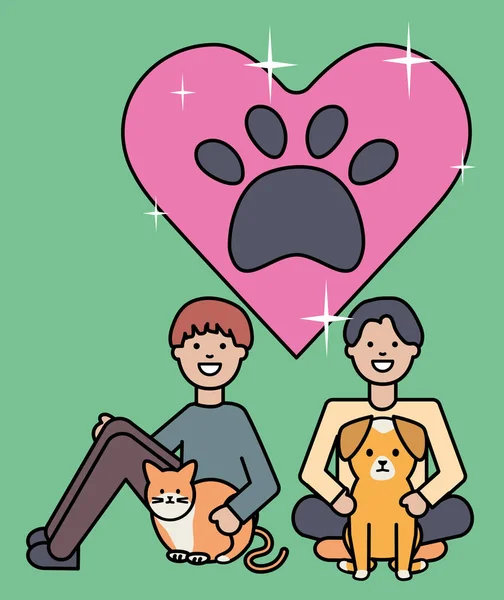 Hombres jóvenes con perrito y gato adorables mascotas — Vector de stock