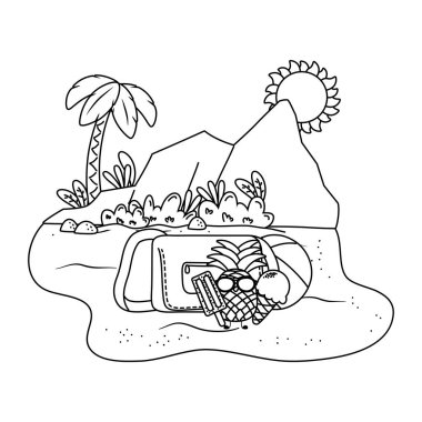 Yaz ve plaj sevimli karikatürler siyah beyaz