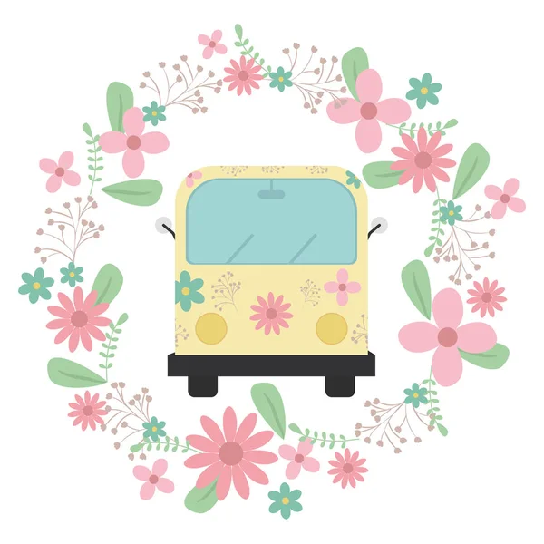 Hippie van with floral print and flowers crown — Stock Vector