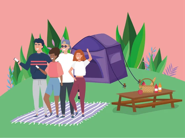 Menschen mit mobilen Tabletten Essen Zelt Decke Camping Picknick — Stockvektor