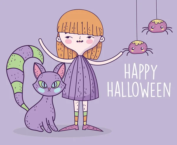 Χαρούμενο κορίτσι εορτασμού του Χάλογουιν με γάτα και αράχνες — Διανυσματικό Αρχείο