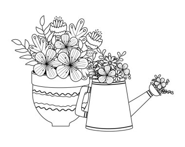 Saksı vektör tasarımında çiçekler ve yapraklar