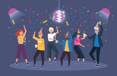 cute women and men dancing with confetti decoration