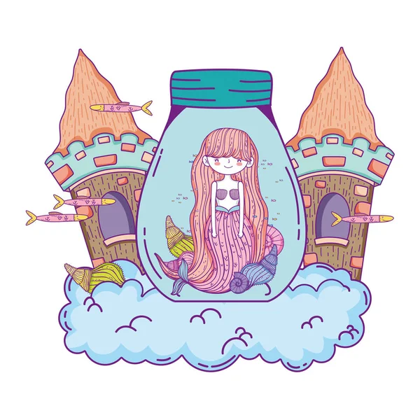 Schöne Meerjungfrau im Einmachglas mit Schloss — Stockvektor