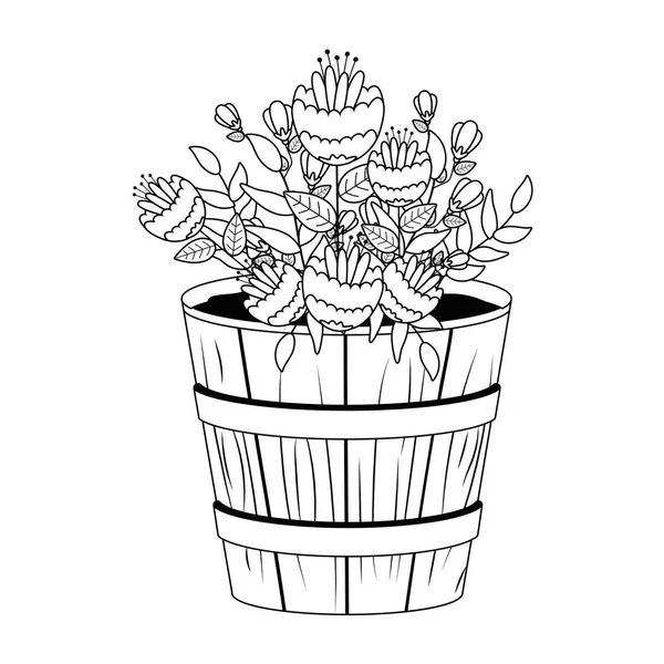 Flowers and leaves inside barrel pot vector design — Wektor stockowy