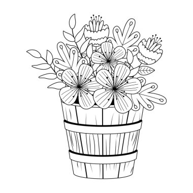 Flowers and leaves inside barrel pot vector design