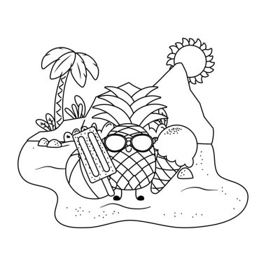 Yaz ve plaj sevimli karikatürler siyah beyaz