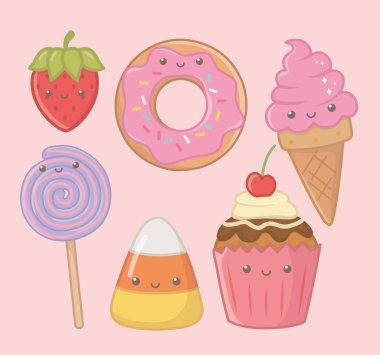 delicious and sweet products kawaii characters