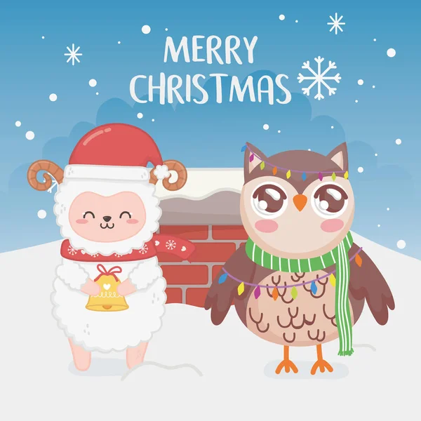 Мила сова і вівця димохід сніг веселий Різдво — стоковий вектор