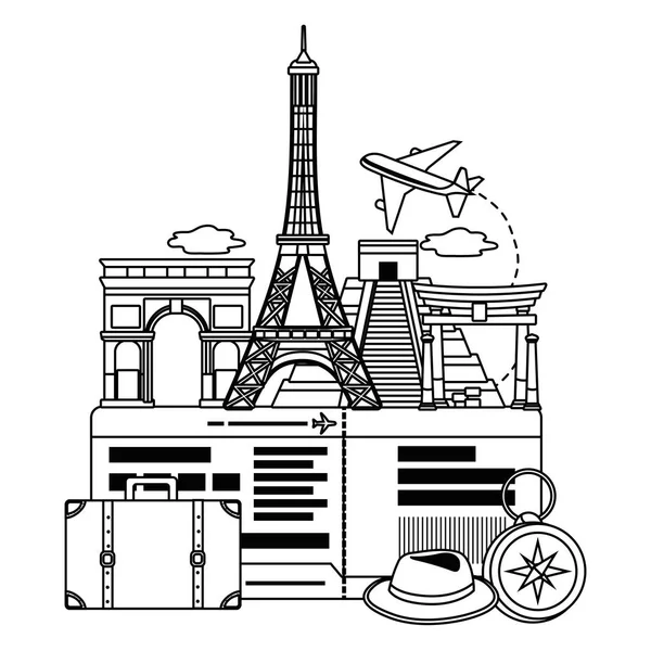 Desenho de conjunto de ícones de marco e viagens — Vetor de Stock