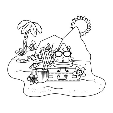 Yaz ve plaj sevimli karikatürler siyah beyaz