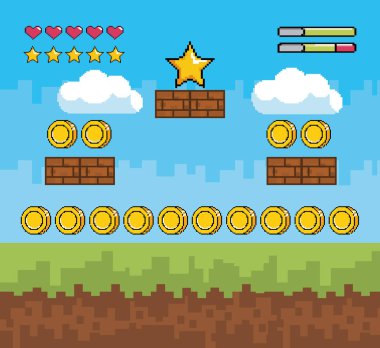 Arcade oyun dünya ve piksel sahne tasarım vektör illüstrasyon