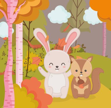 cute rabbit and squirel with acorn forest hello autumn