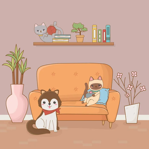 Petites mascottes de chiens et de chats dans la pièce de la maison — Image vectorielle
