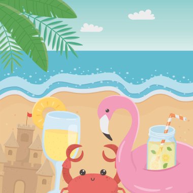 Deniz manzarası simgeleriyle Merhaba yaz posteri