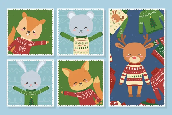 Cute animals christmas ugly sweater party postcards — Vettoriale Stock