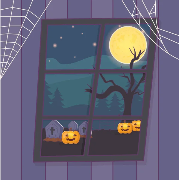 View window cemetry with pumpkins tree night halloween — Vector de stock