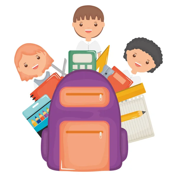Cute little students group with schoolbag and supplies — Vetor de Stock