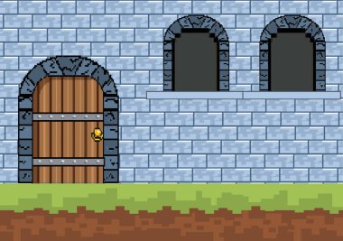 Arcade oyun dünya ve piksel sahne tasarım vektör illüstrasyon