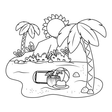 Yaz ve plaj sevimli karikatürler siyah beyaz