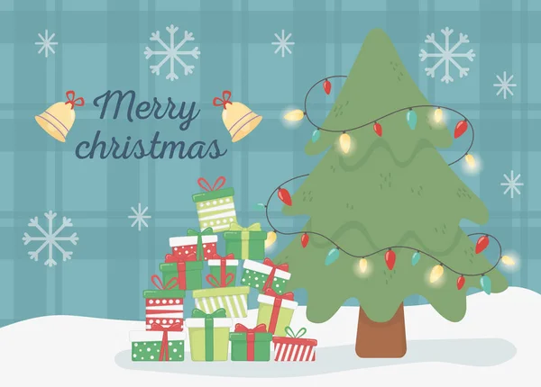 Tree light gifts and bells celebration merry christmas poster — Stok Vektör