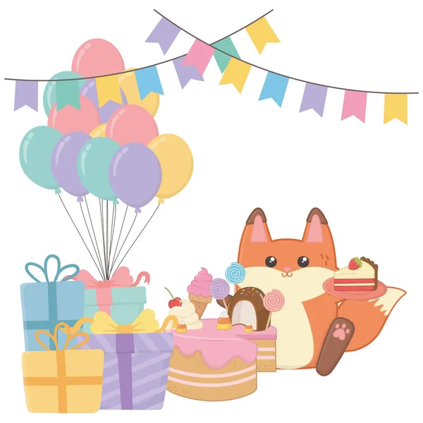 Kawaii zorro con feliz diseño de tarta de cumpleaños. — Vector de stock