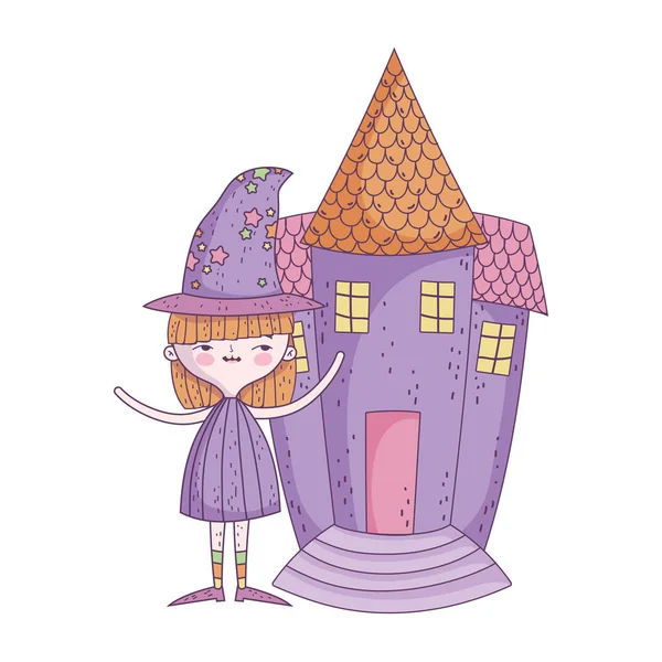 Happy halloween celebration girl with hat costume and castle —  Vetores de Stock