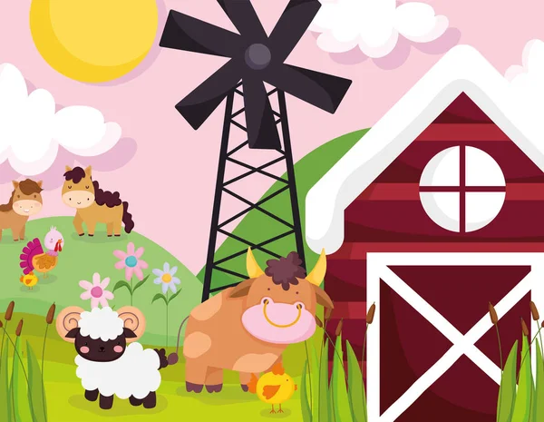 Farm animals horses bull goat windmill barn meadow sky — Stock Vector