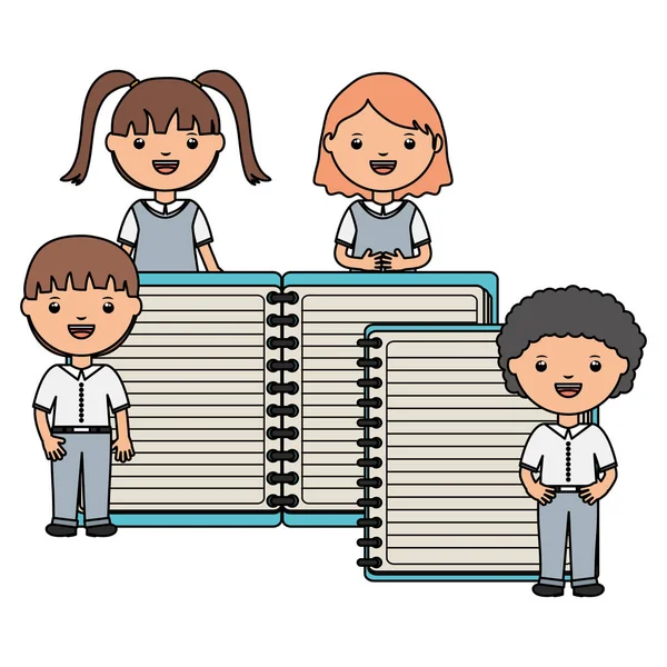 Cute little students group with notebook and sheets — Vetor de Stock