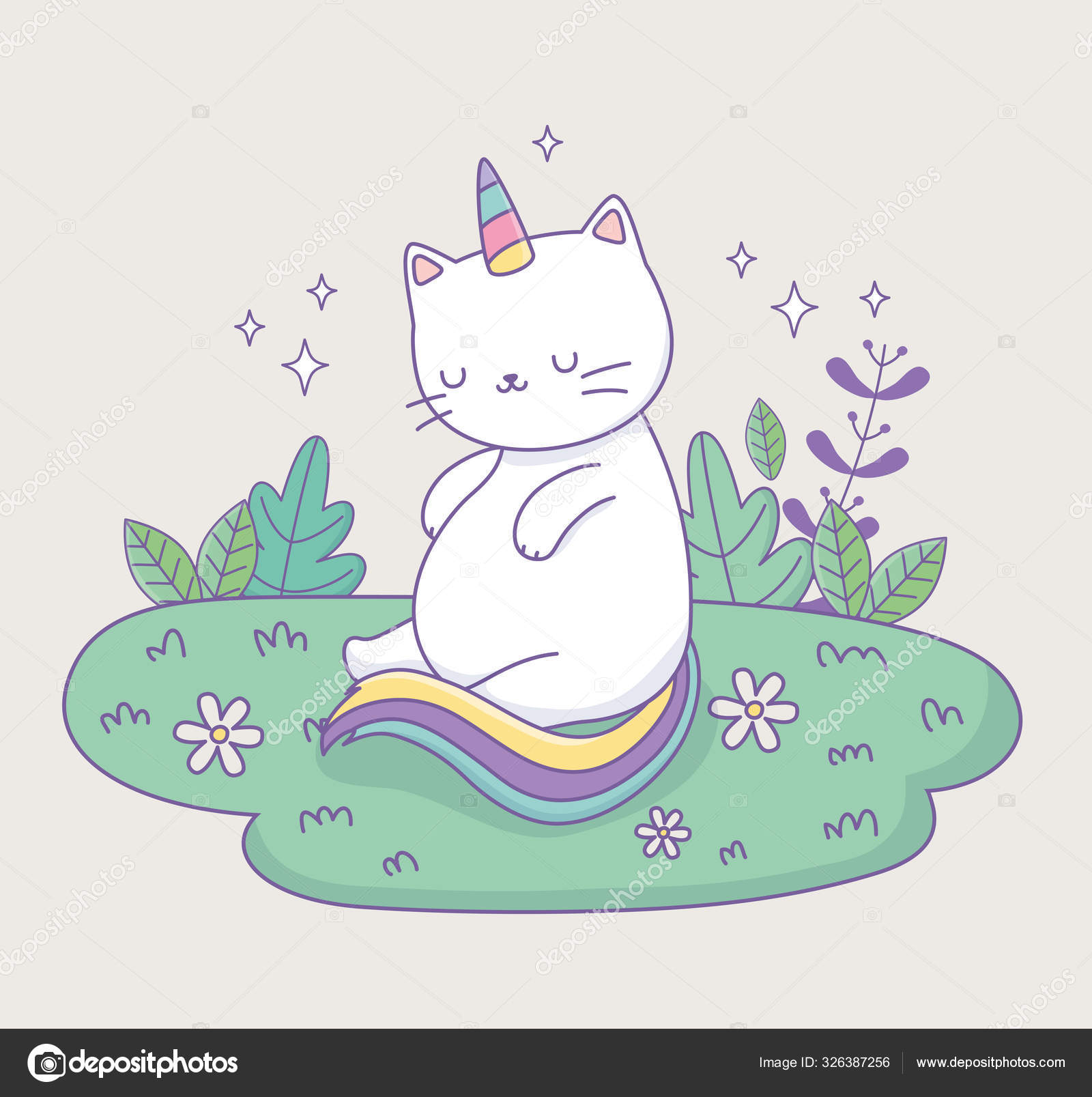 Kamp Kawaii karakterinde gökkuşağı kuyruklu sevimli bir kedi