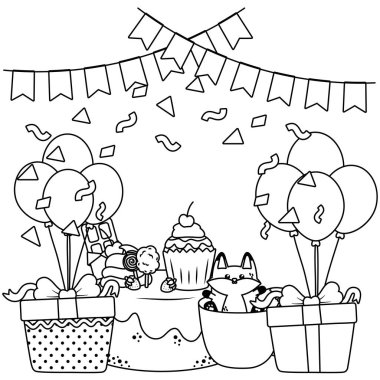 Doğum günü pastası tasarımlı Kawaii tilkisi.