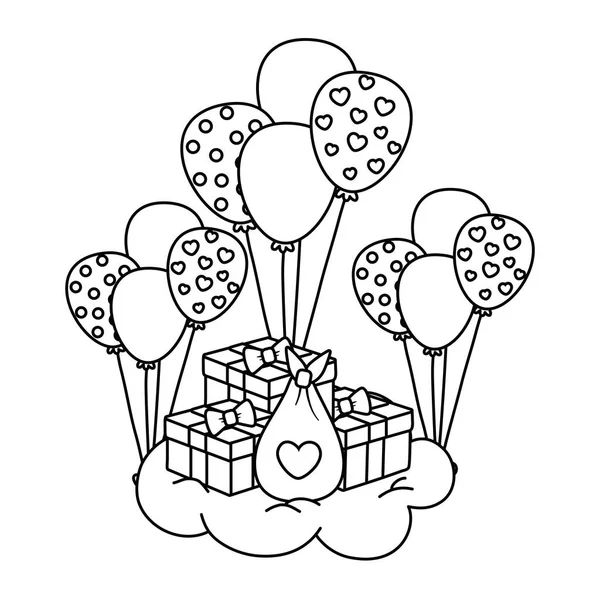Воздушные шары с подарочными коробками в черно-белом — стоковый вектор