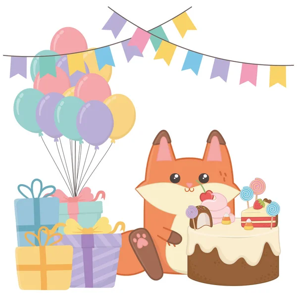 Kawaii Fuchs mit Happy Birthday Cake Design — Stockvektor