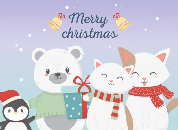 Cute bear cats and penguin with gift celebration merry christmas poster — стоковый вектор