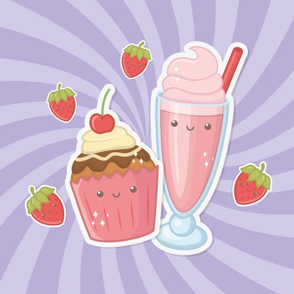 Delicious and sweet milkshake and products kawaii characters — Image vectorielle