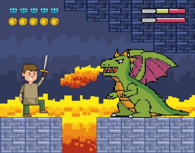 boy with sword and dragon spits fire and life bars