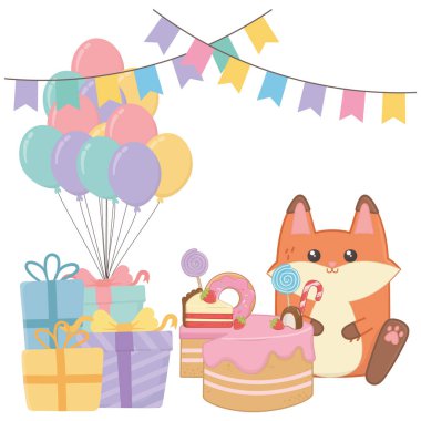 Doğum günü pastası tasarımlı Kawaii tilkisi.