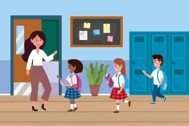 woman teacher with girls and boy students