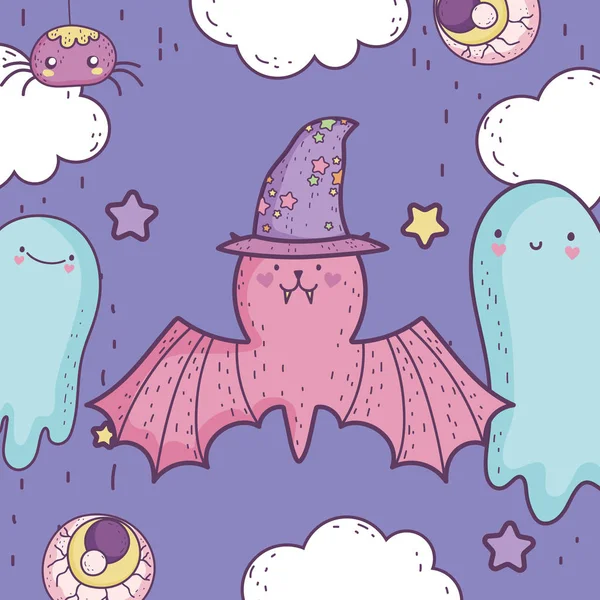 Happy halloween celebration cute bat with hat ghosts scary eye — ストックベクタ