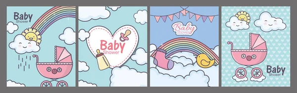 Baby shower pink pram heart rainbow clouds cards —  Vetores de Stock