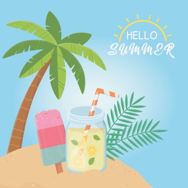 Deniz manzarası simgeleriyle Merhaba yaz posteri