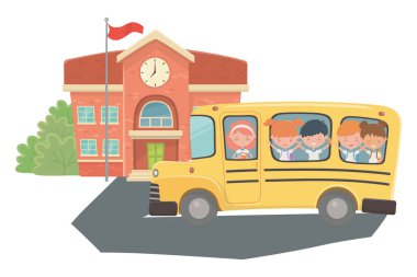 School building bus and kids design