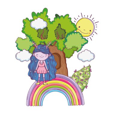 Ağacı ve gökkuşağı olan sevimli küçük peri